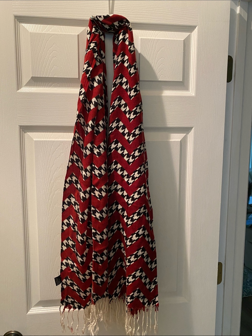 Red Chevron Houndstooth Fringe Scarf